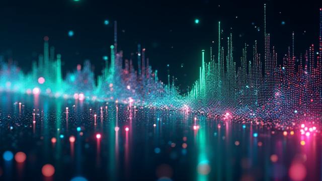 Portada del diseño sonoro 'Sinfonía Cuántica', con patrones de ondas sonoras futuristas.