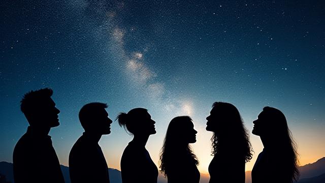 Portada del proyecto 'Voces Estelares', con siluetas de personas bajo un cielo estrellado, simbolizando la voz y el espacio.