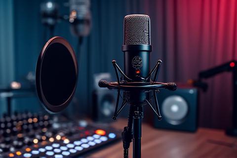 Consola de mezcla y micrófonos en un estudio de podcasting profesional.