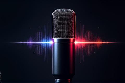 Micrófono de condensador profesional con salpicaduras de sonido abstractas.